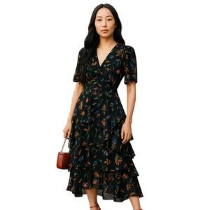 Maje Floral Crepe Maxi Dress Size 1 Ruffled Sheer Wrap Slit Lightweight Summer